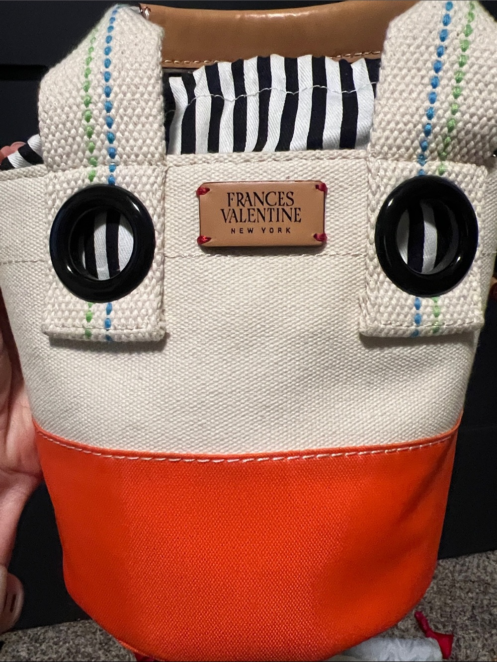 NWT Frances Valentine Cream and Orange Canvas Bucket Crossbody Bag - Picture 7 of 9